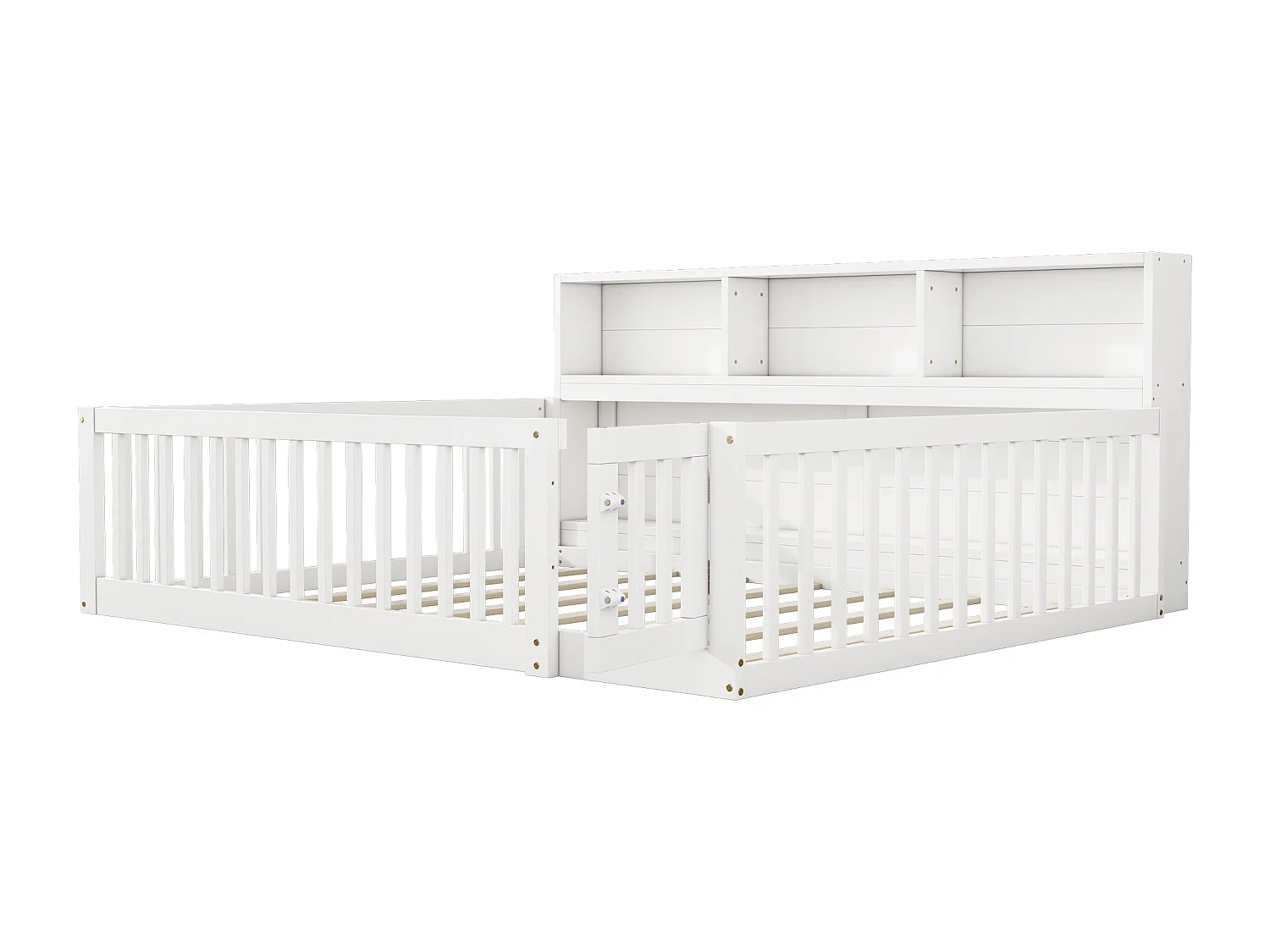 140 x 200 cm bed met rails en opbergkasten - Grenenhout + MDF - Lattenbodem - Wit (zonder matras)