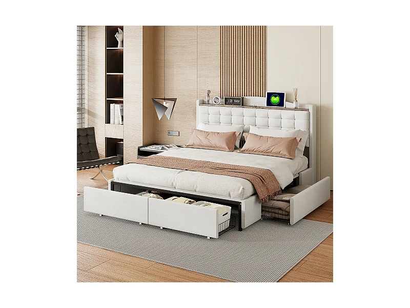 Polsterbett 160 x 200 cm mit 4 Schubladen, Regal und USB-Anschlüssen – Leinenstoff – Beige (ohne Matratze)