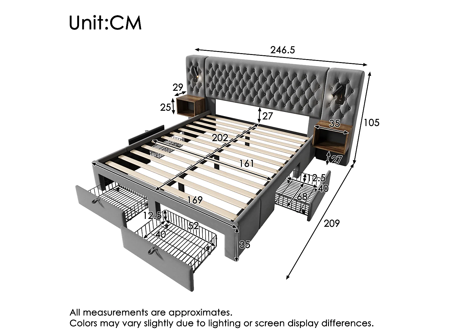 Gepolstertes Bett 160 x 200 cm mit Kopfteil und 2 Nachttischen - Leselampe und 4 Schubladen - Samt - Grau (Matratze nicht im Lieferumfang enthalten)