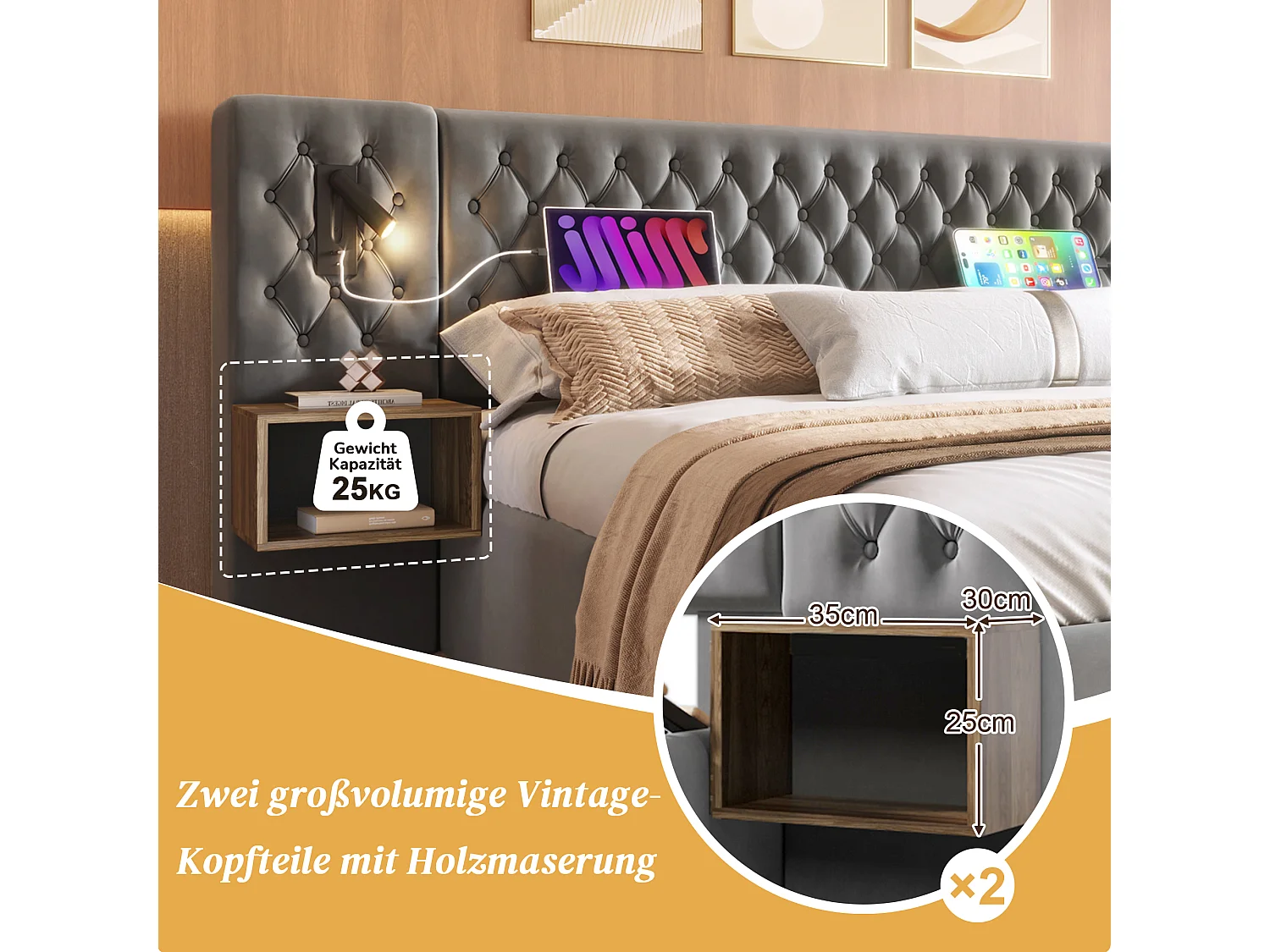Gepolstertes Bett 160 x 200 cm mit Kopfteil und 2 Nachttischen - Leselampe und 4 Schubladen - Samt - Grau (Matratze nicht im Lieferumfang enthalten)