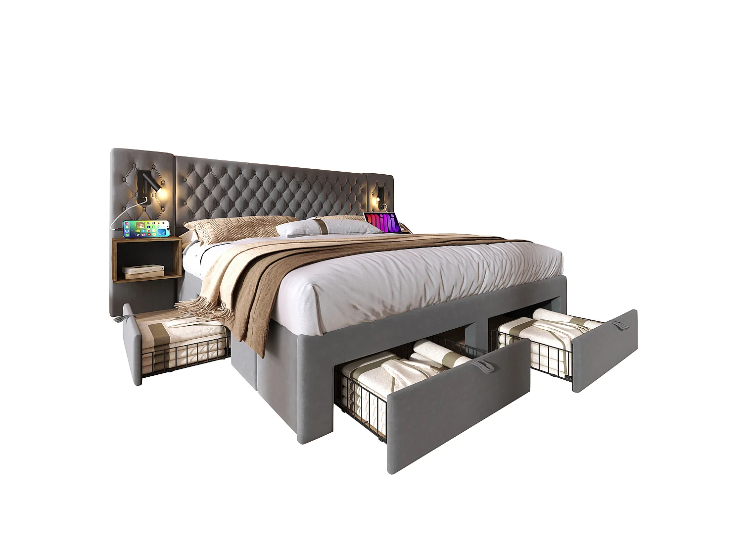 Gepolstertes Bett 160 x 200 cm mit Kopfteil und 2 Nachttischen - Leselampe und 4 Schubladen - Samt - Grau (Matratze nicht im Lieferumfang enthalten)
