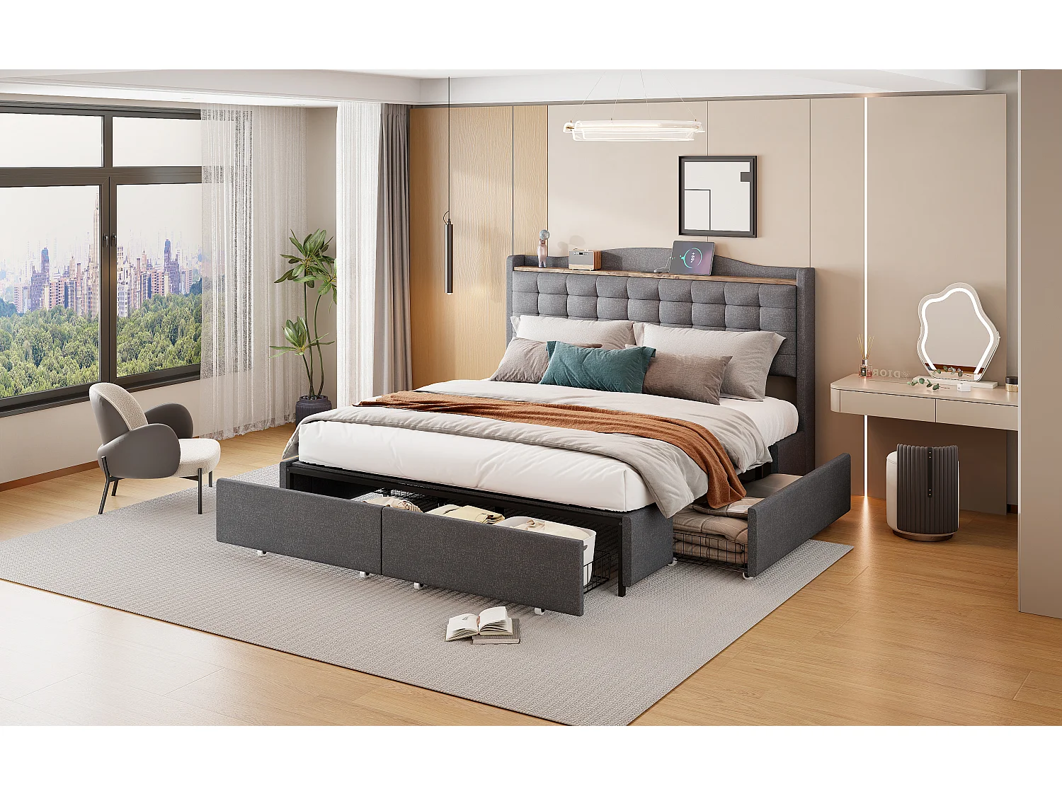 Gestoffeerd bed 160 x 200 cm met 4 lades, plank en USB-aansluitingen - Linnenstof - Grijs (zonder matras)