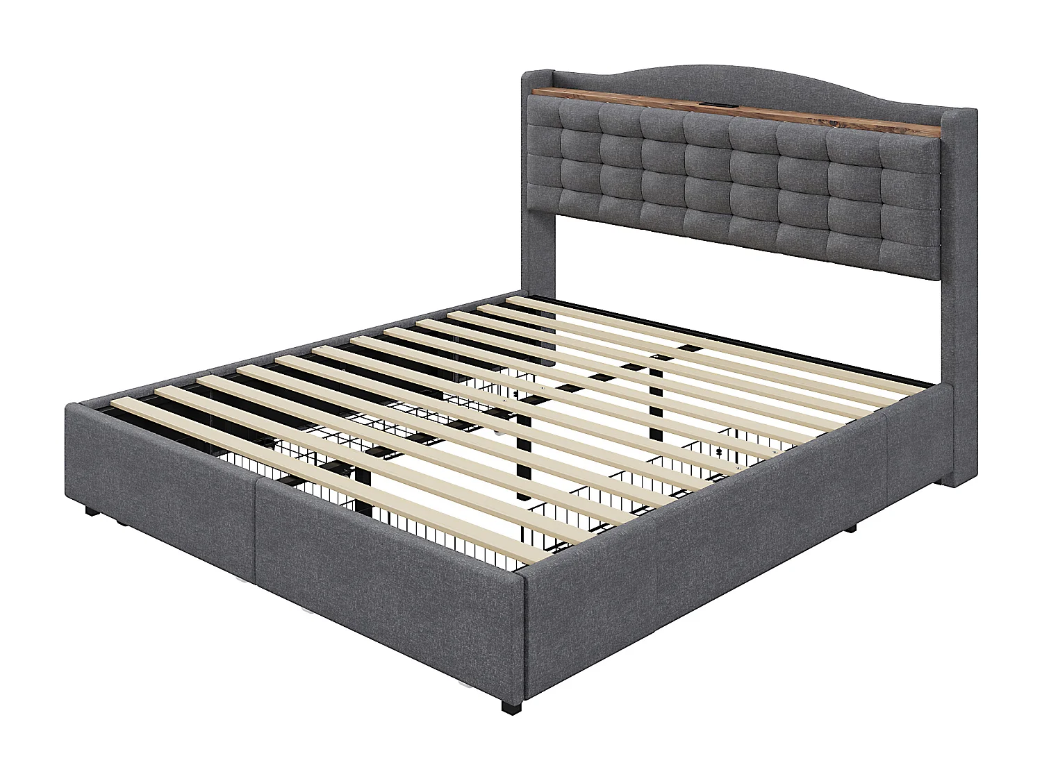 Gestoffeerd bed 160 x 200 cm met 4 lades, plank en USB-aansluitingen - Linnenstof - Grijs (zonder matras)