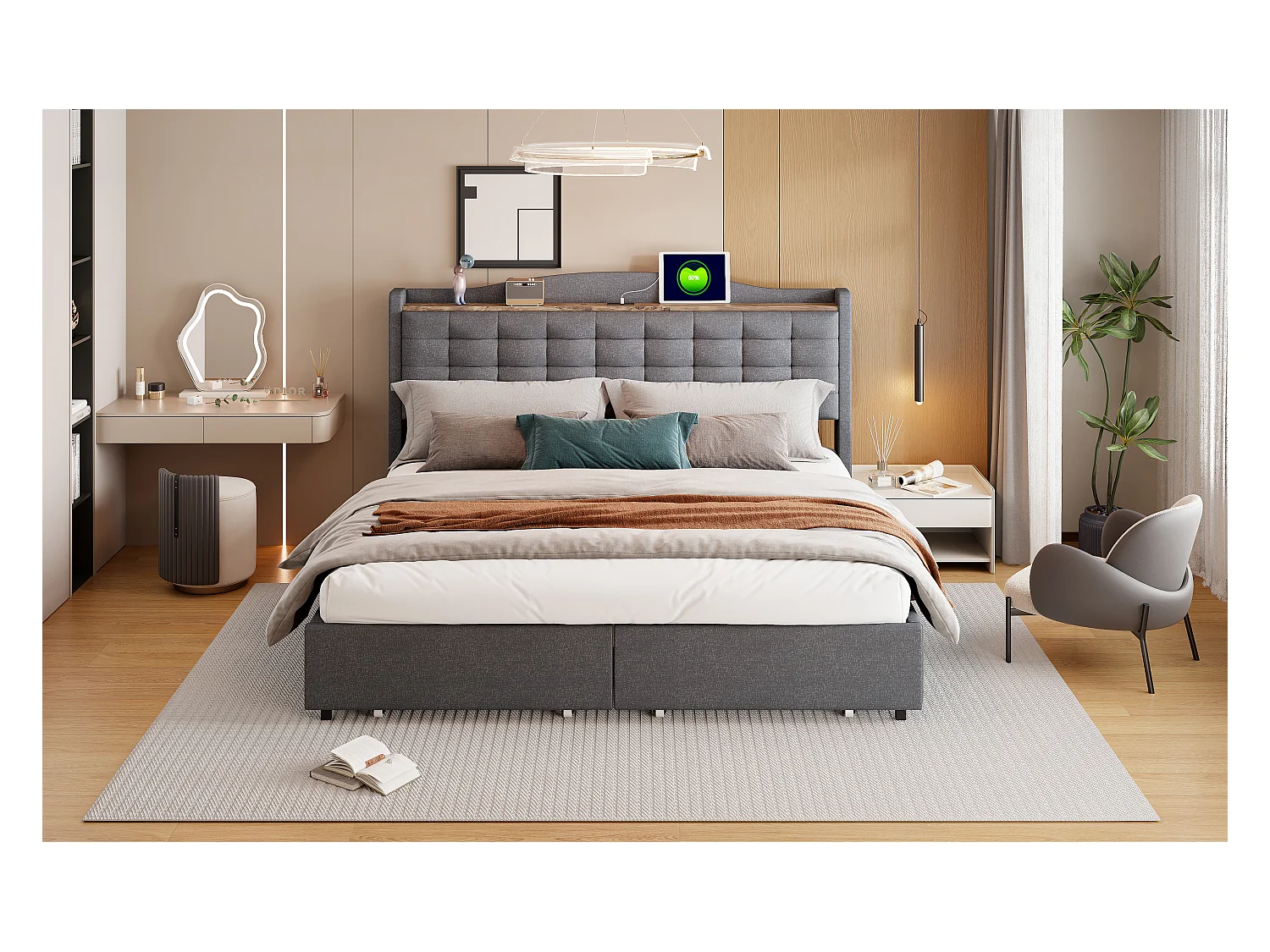Lit capitonné 160 x 200 cm avec 4 tiroirs, étagère et prises USB - Tissu en lin - Gris (sans matelas)