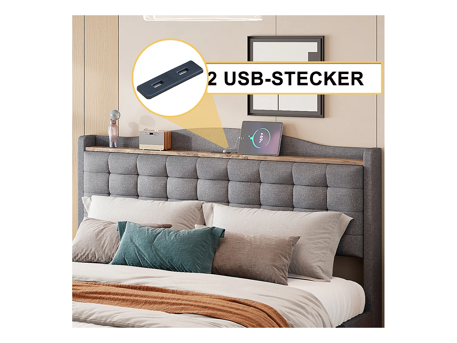 Lit capitonné 160 x 200 cm avec 4 tiroirs, étagère et prises USB - Tissu en lin - Gris (sans matelas)