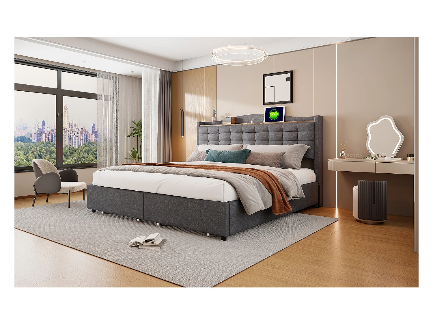 Lit capitonné 160 x 200 cm avec 4 tiroirs, étagère et prises USB - Tissu en lin - Gris (sans matelas)