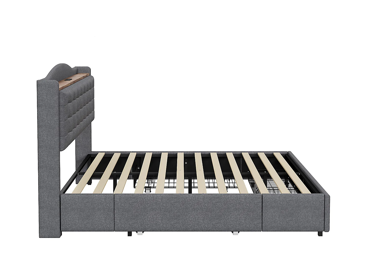 Lit capitonné 160 x 200 cm avec 4 tiroirs, étagère et prises USB - Tissu en lin - Gris (sans matelas)