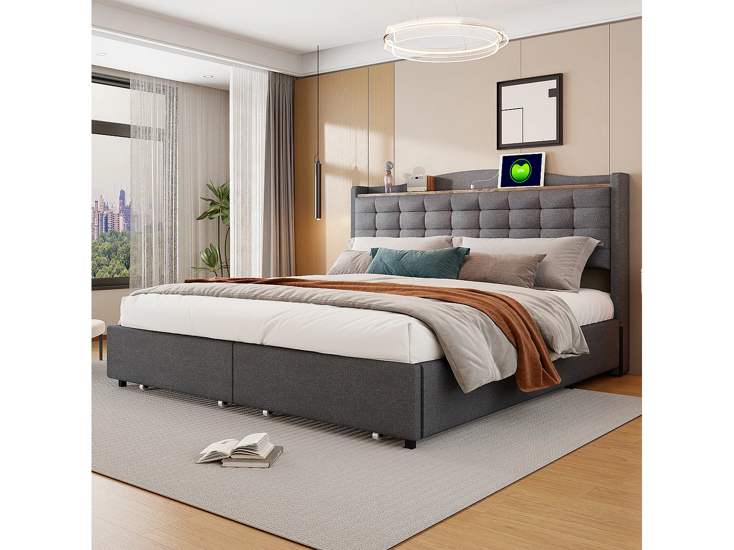 Lit capitonné 160 x 200 cm avec 4 tiroirs, étagère et prises USB - Tissu en lin - Gris (sans matelas)