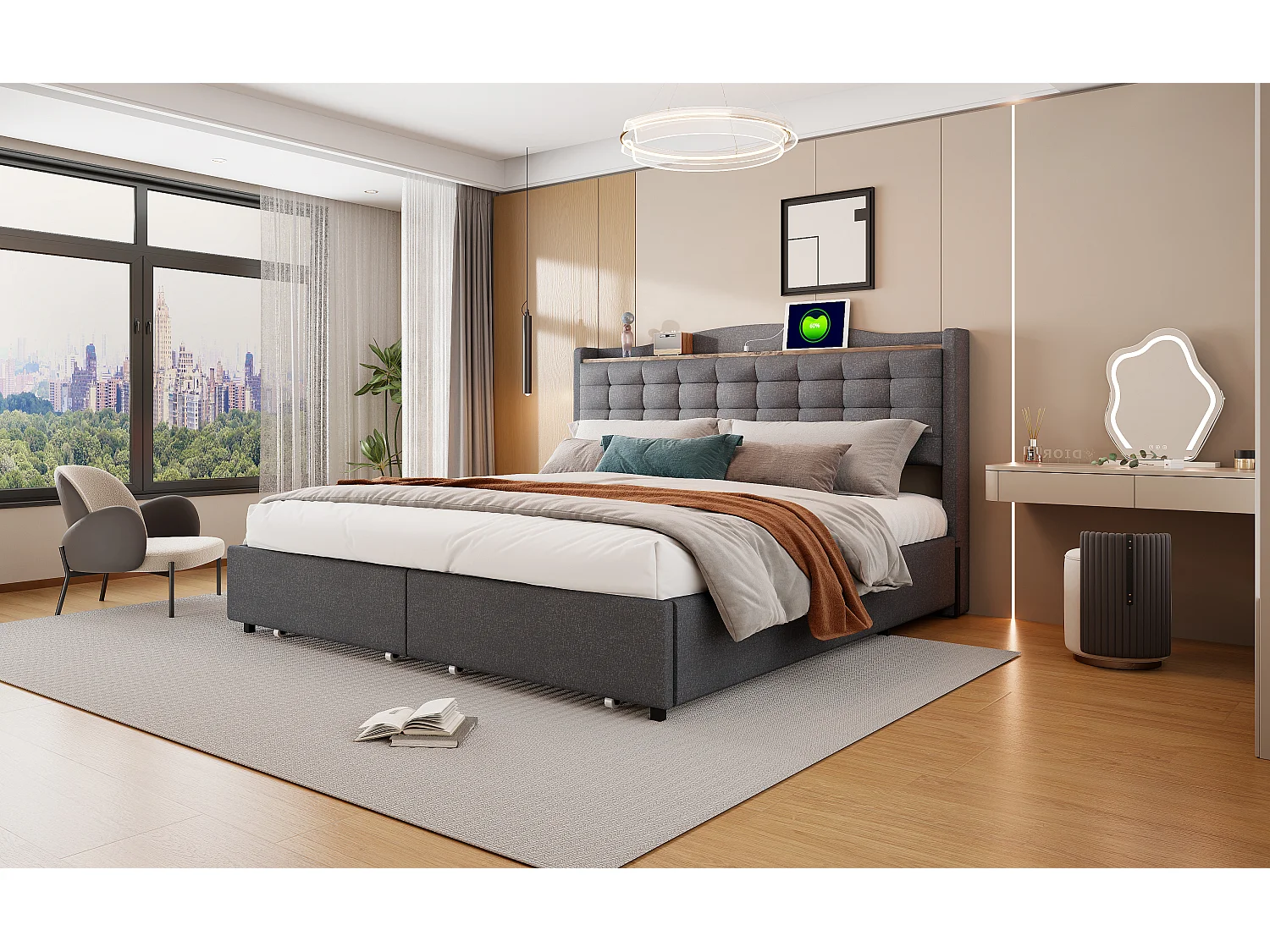 Lit capitonné 160 x 200 cm avec 4 tiroirs, étagère et prises USB - Tissu en lin - Gris (sans matelas)