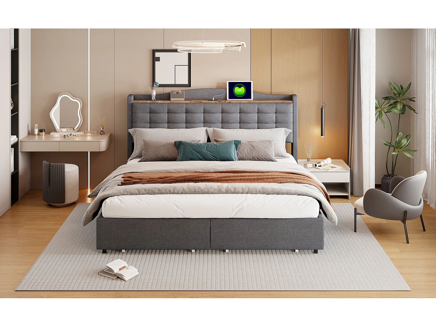 Lit capitonné 160 x 200 cm avec 4 tiroirs, étagère et prises USB - Tissu en lin - Gris (sans matelas)