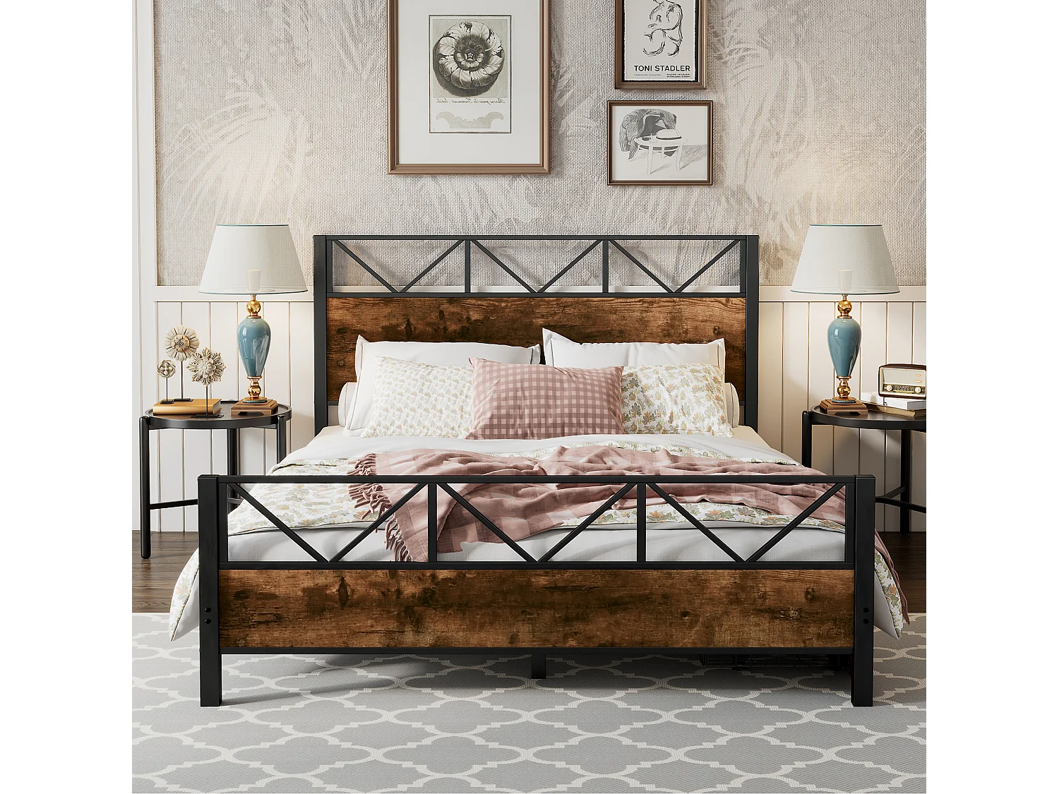 Letto 140 x 200 cm con testiera e 2 cassetti - Metallo + MDF + velluto - Nero + noce