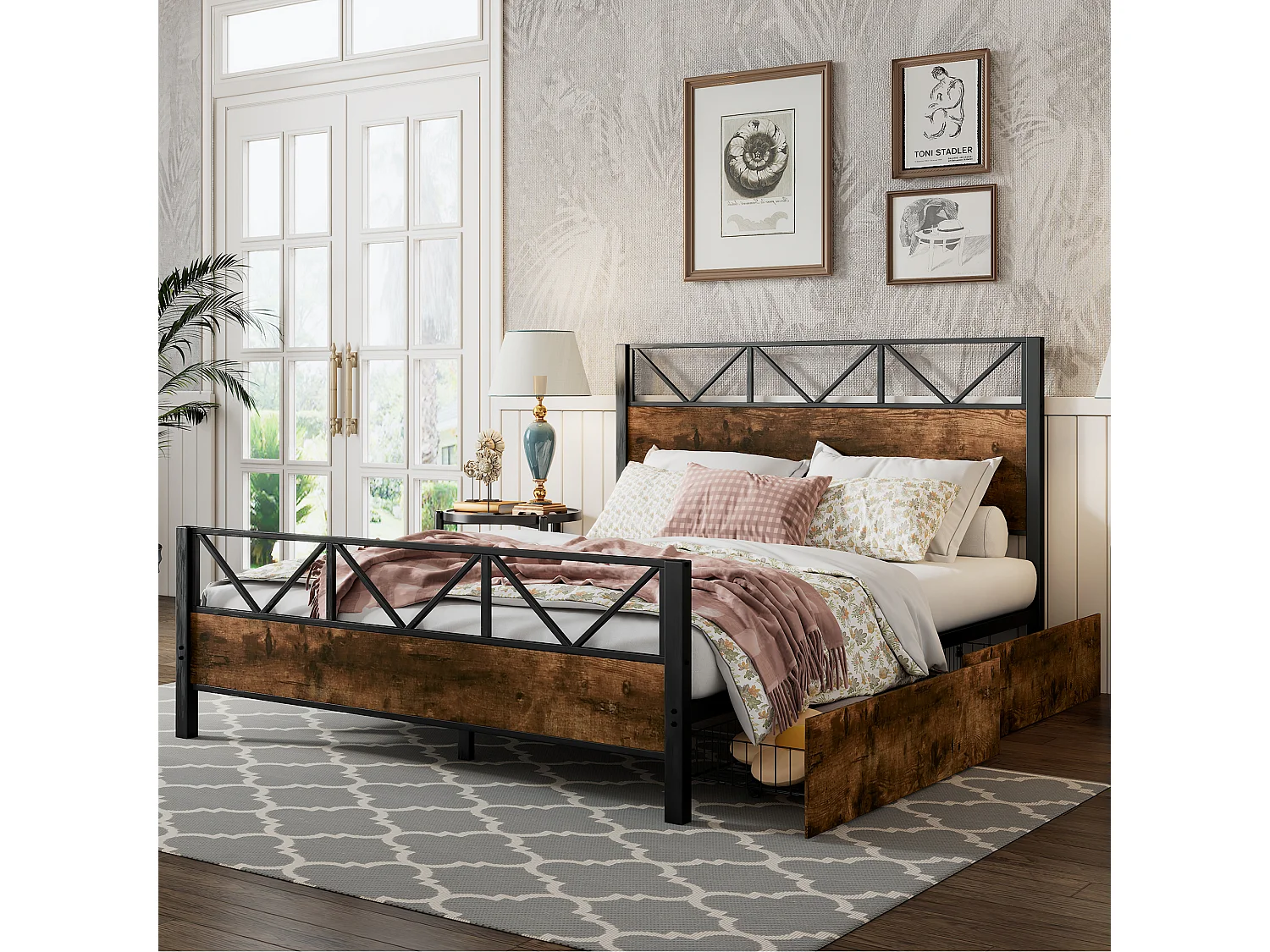 Letto 140 x 200 cm con testiera e 2 cassetti - Metallo + MDF + velluto - Nero + noce