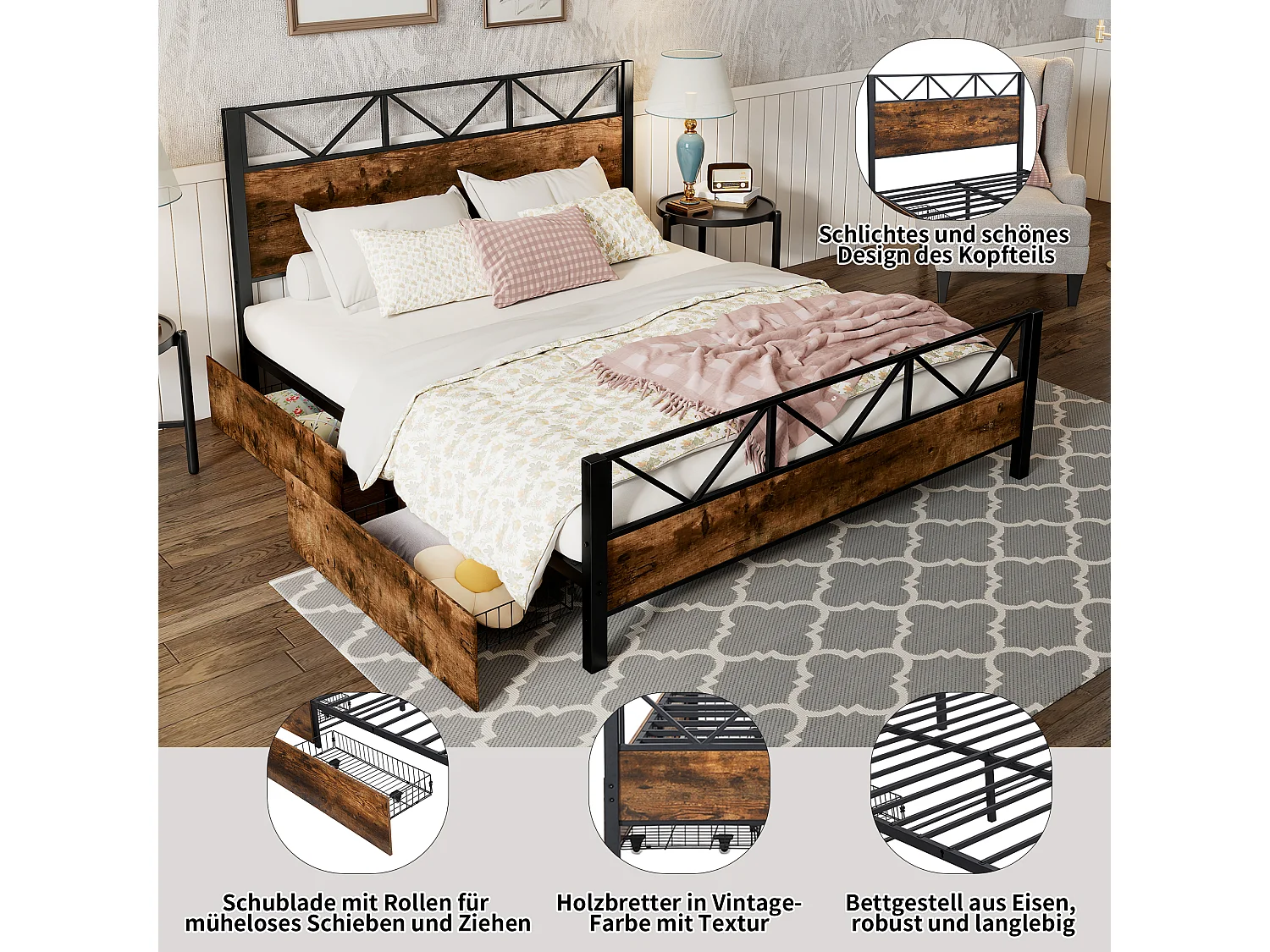 Letto 140 x 200 cm con testiera e 2 cassetti - Metallo + MDF + velluto - Nero + noce