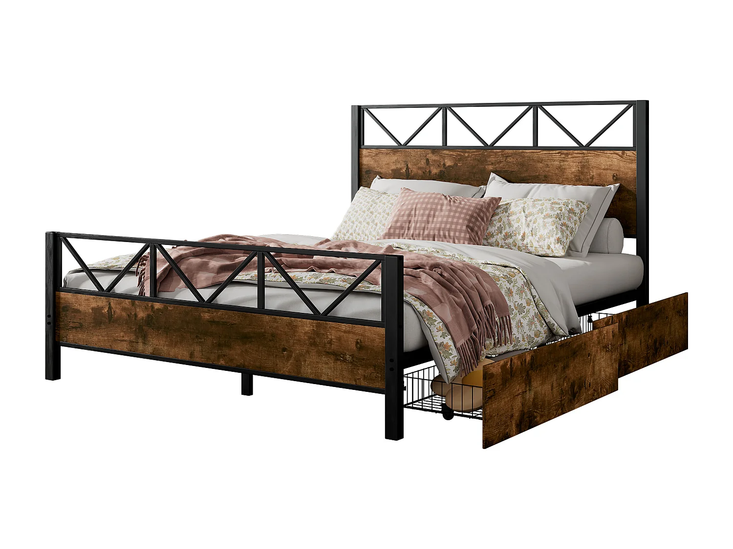 Letto 140 x 200 cm con testiera e 2 cassetti - Metallo + MDF + velluto - Nero + noce