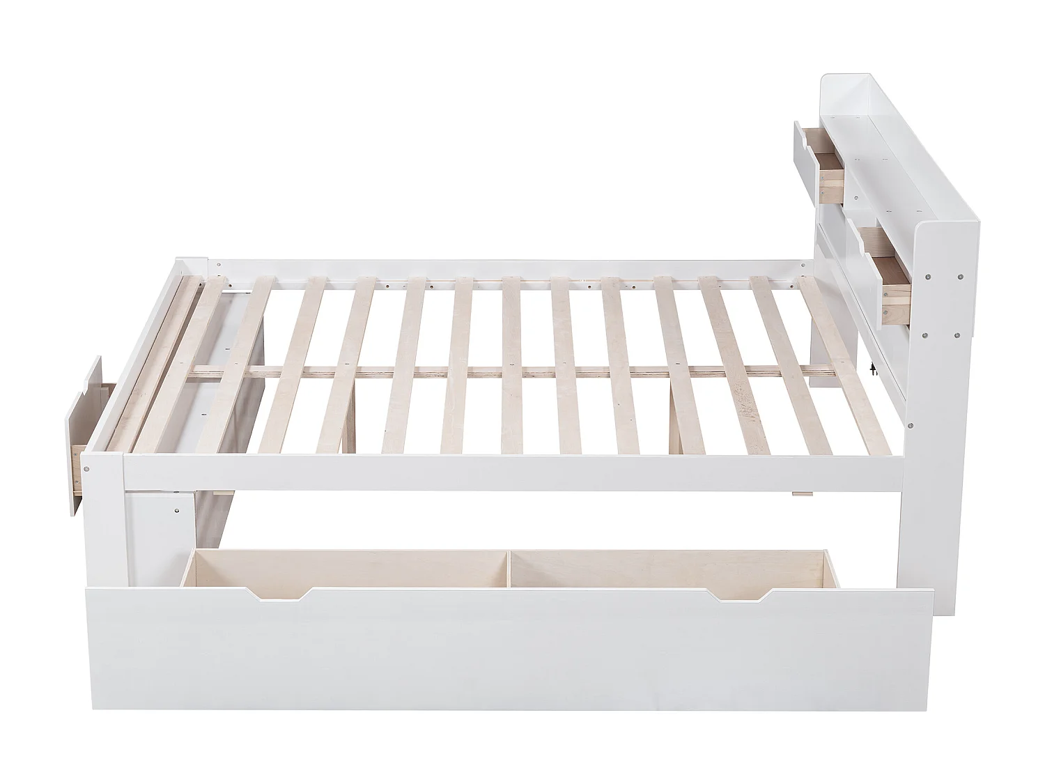 Lit double 160 x 200 cm avec tête de lit - port USB, tiroirs & armoire de rangement - Bois de pin - Blanc (sans matelas)