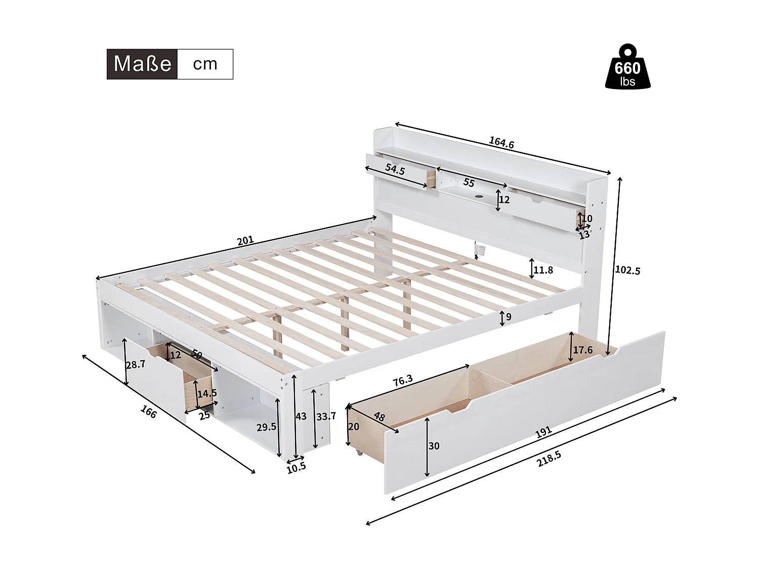 Lit double 160 x 200 cm avec tête de lit - port USB, tiroirs & armoire de rangement - Bois de pin - Blanc (sans matelas)