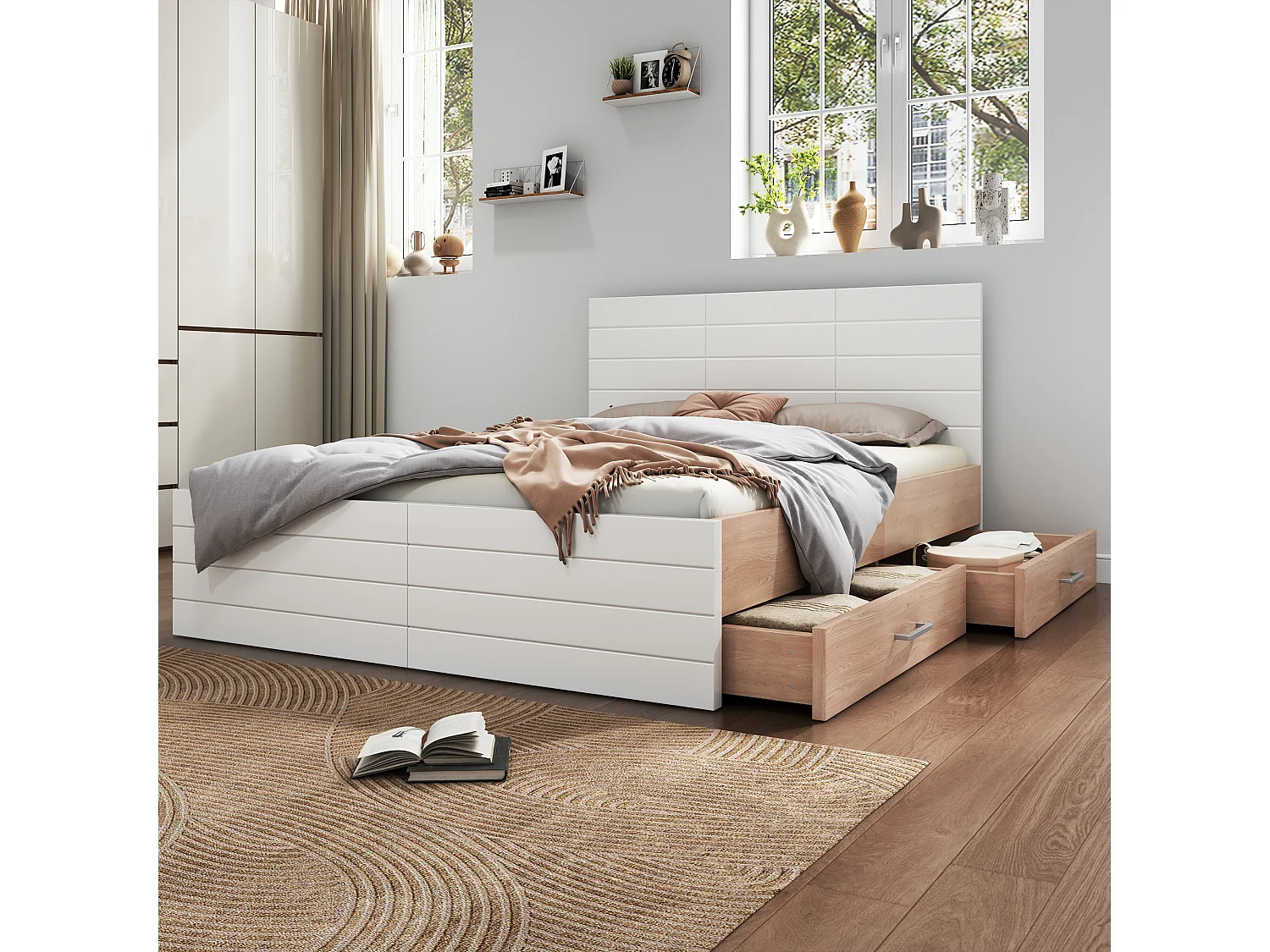 Łóżko 180 x 200 cm z wezgłowiem i 2 szufladami - Drewno lite + MDF - Stelaż listwowy - Dąb/biały (bez materaca)