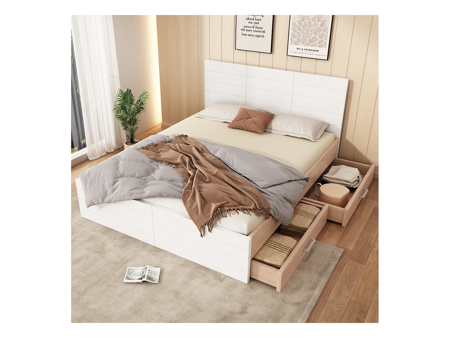 Bed 180 x 200 cm met hoofdeinde en 2 lades - Massief hout + MDF - Lattenbodem - Eiken/wit (zonder matras)