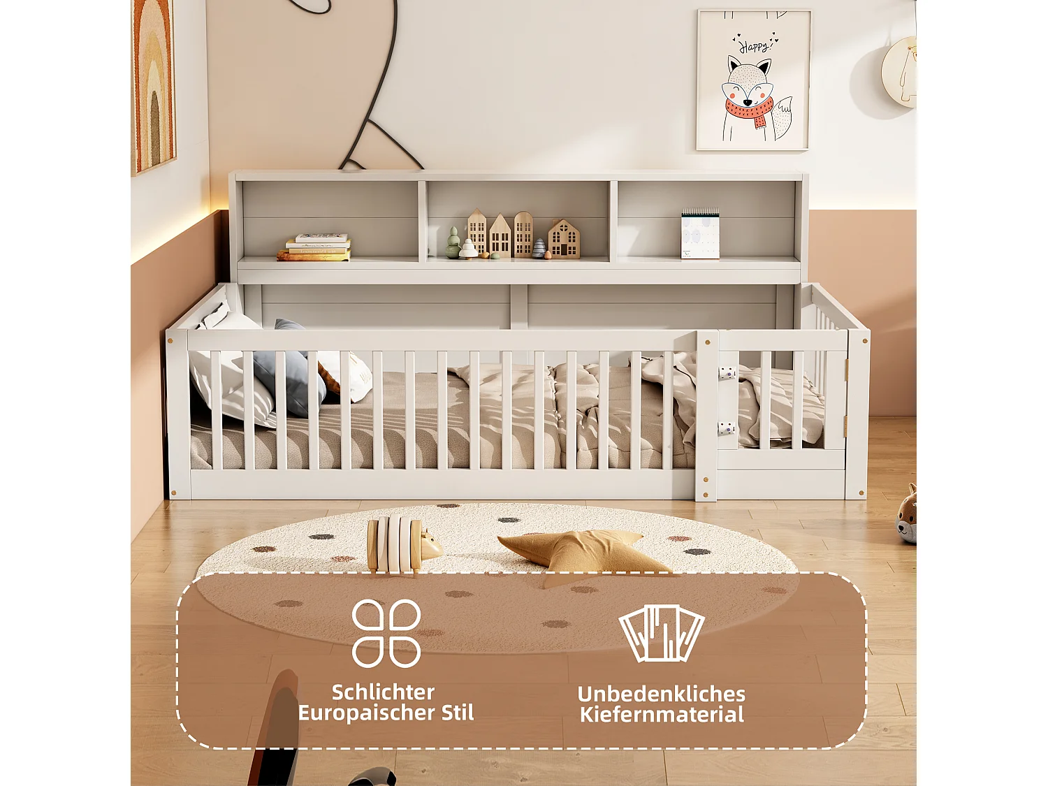 Lit 90 x 200 cm avec barrières et placards de rangement - Bois de pin + MDF - Sommier à lattes - Blanc (sans matelas)