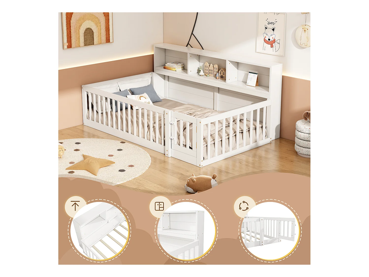 Lit 90 x 200 cm avec barrières et placards de rangement - Bois de pin + MDF - Sommier à lattes - Blanc (sans matelas)