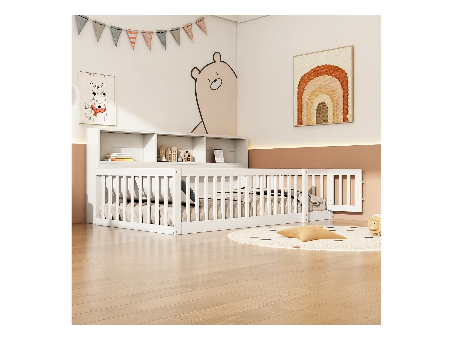 Cama 90 x 200 cm com grades e armários de arrumação - Madeira de pinho + MDF - Base de ripas - Branca (sem colchão)
