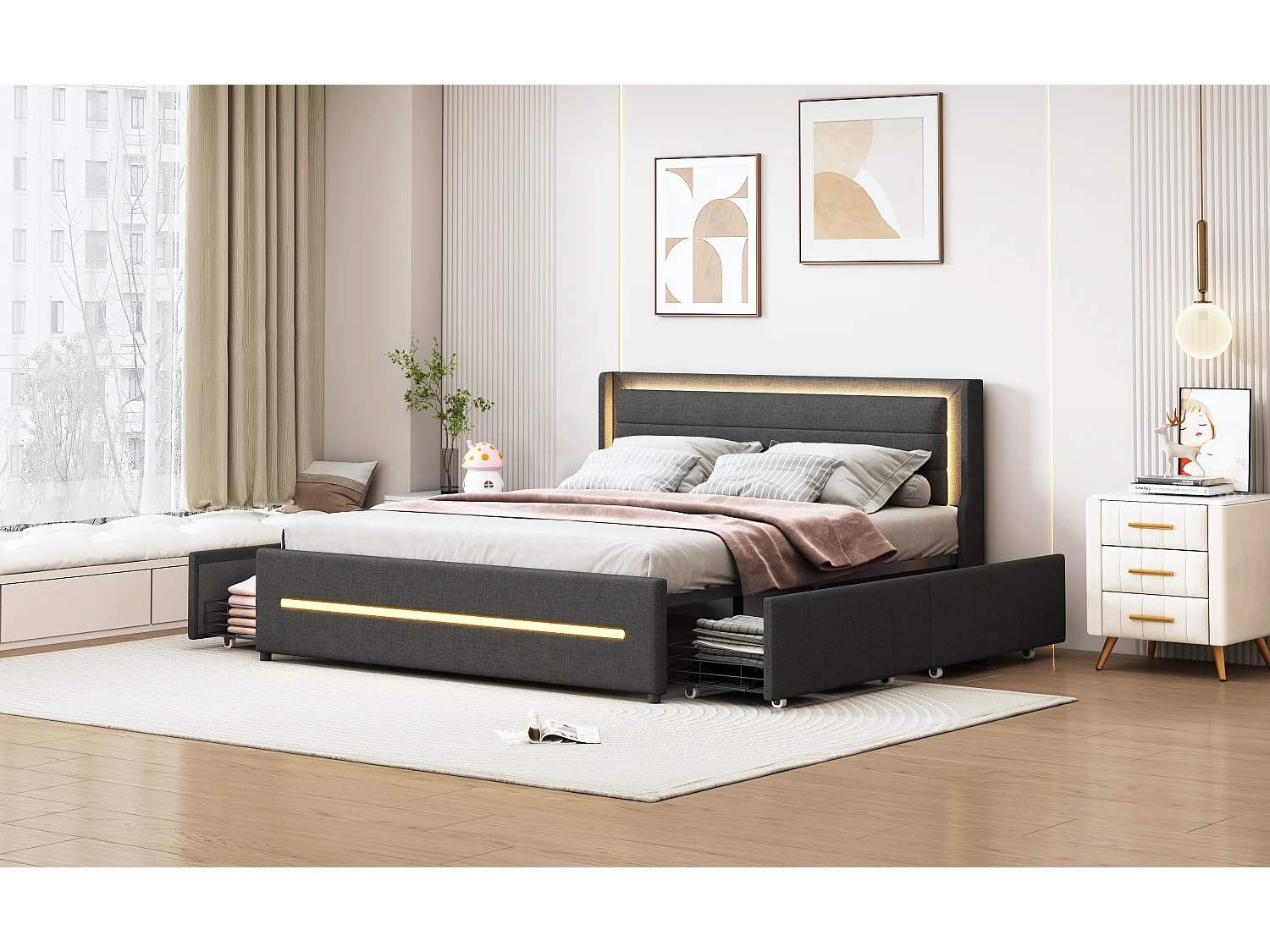 Gestoffeerd bed 160 x 200 cm met hoofdeinde en 4 laden - LED's - Linnenstof - Grijs (zonder matras)