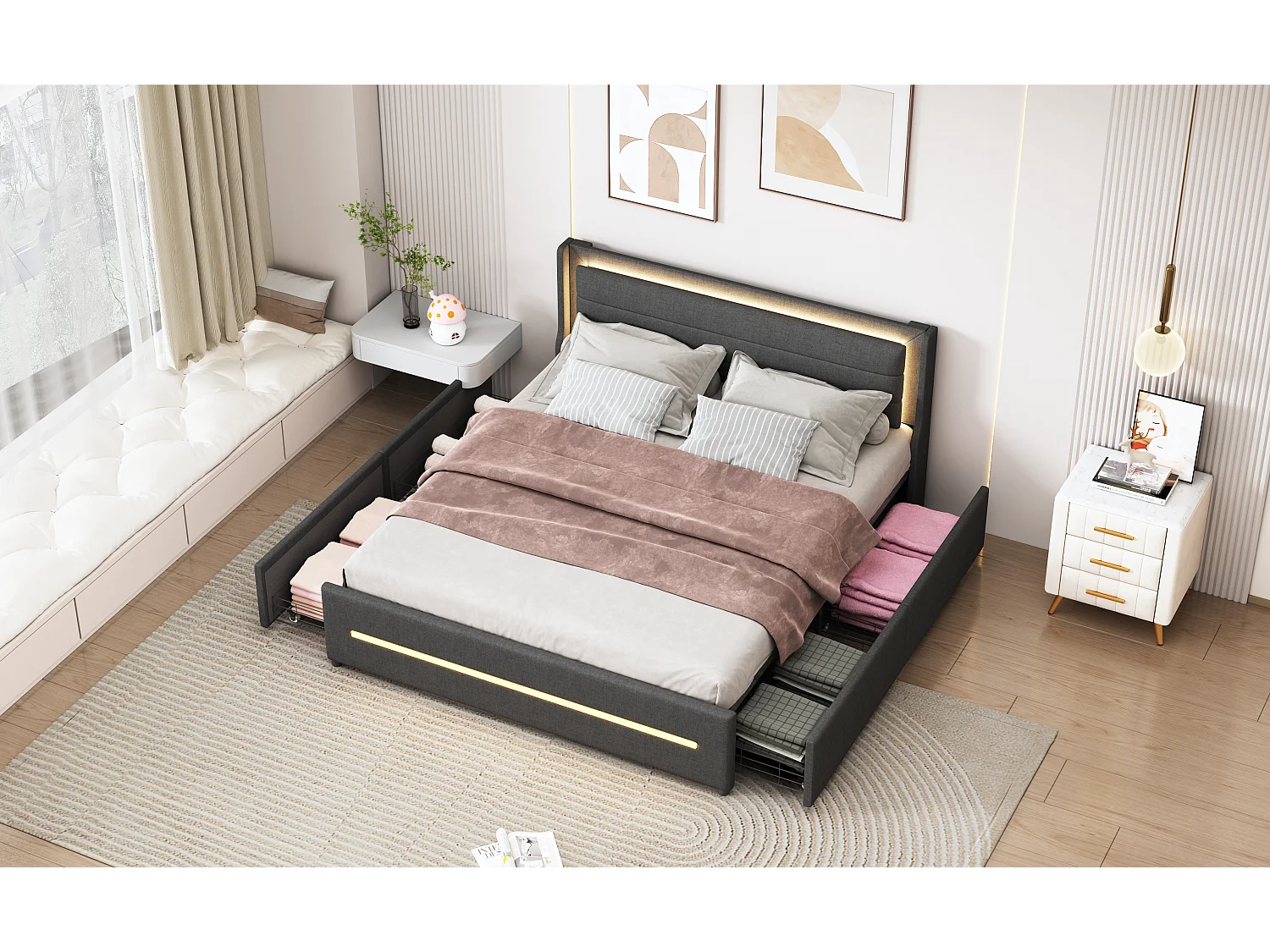 Gestoffeerd bed 160 x 200 cm met hoofdeinde en 4 laden - LED's - Linnenstof - Grijs (zonder matras)