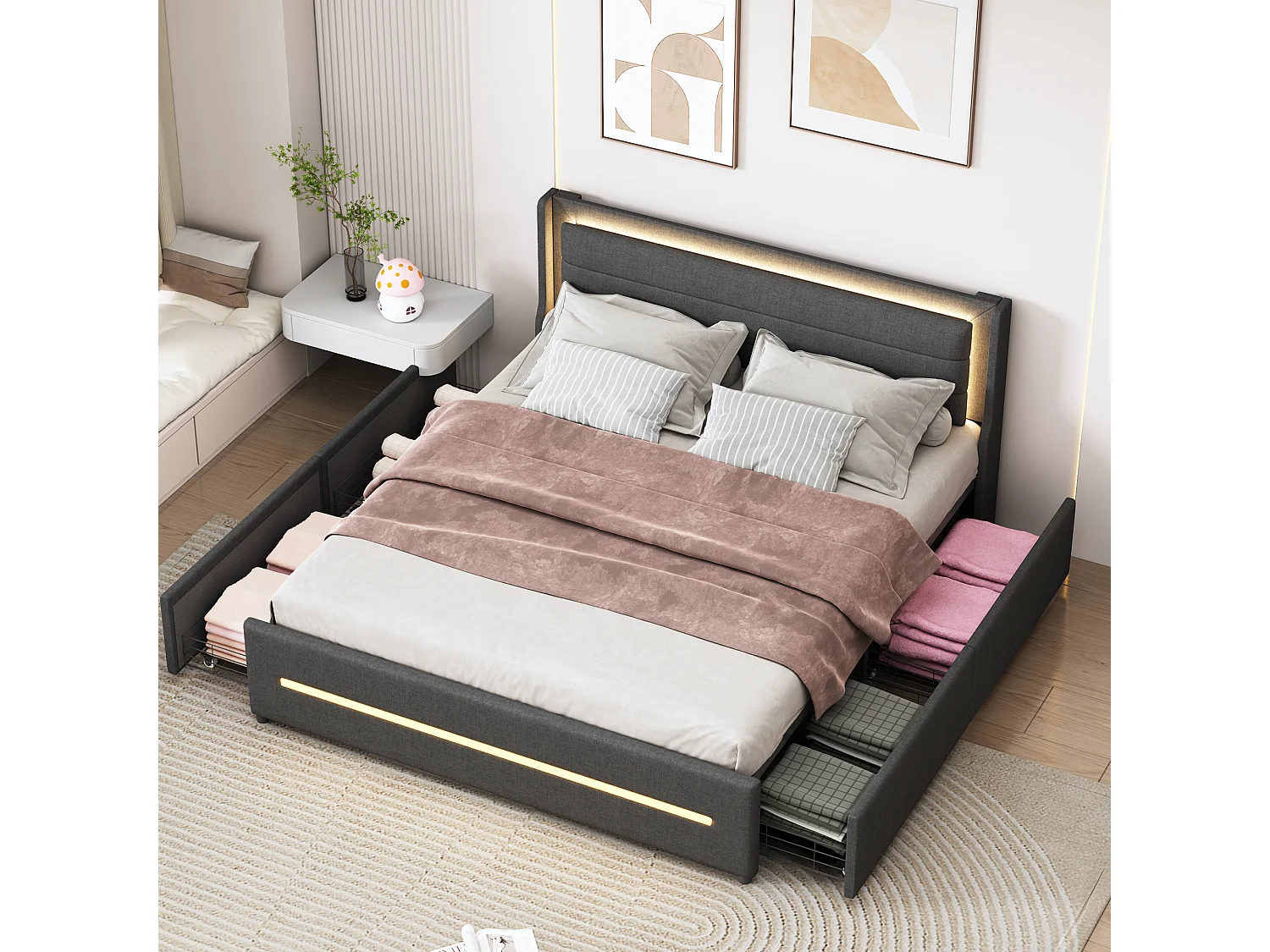 Polsterbett 160 x 200 cm mit Kopfteil und 4 Schubladen – LEDs – Leinenstoff – Grau (ohne Matratze)