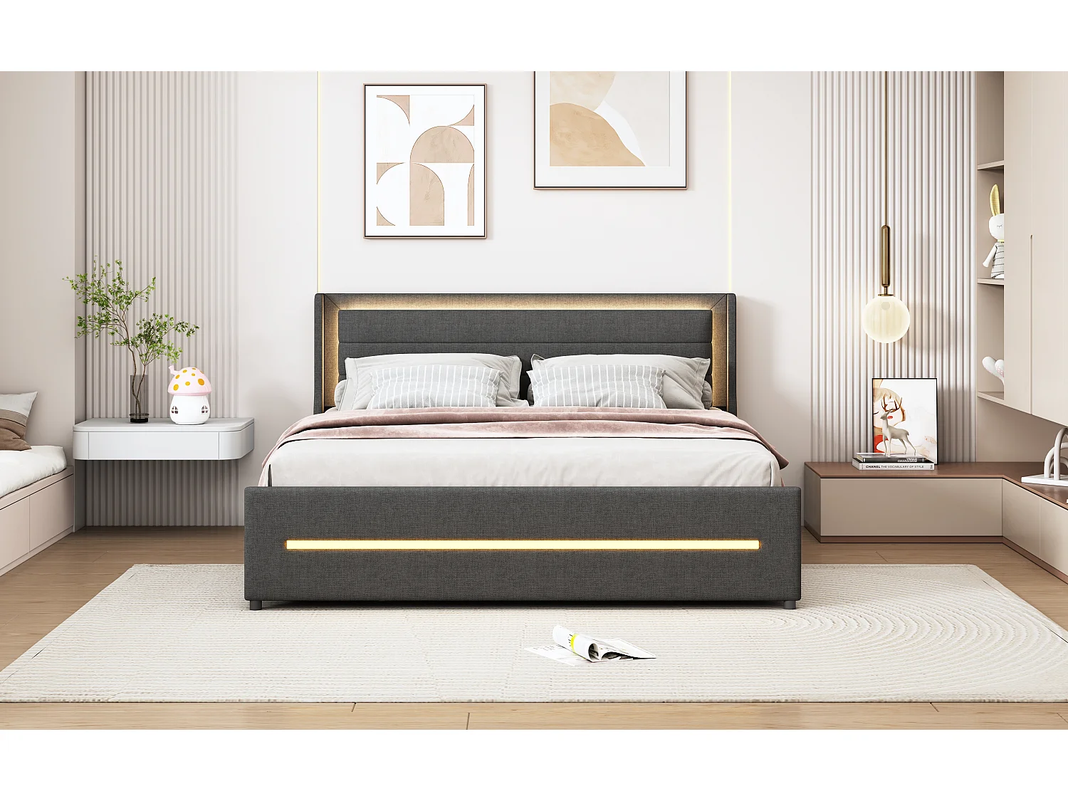 Polsterbett 160 x 200 cm mit Kopfteil und 4 Schubladen – LEDs – Leinenstoff – Grau (ohne Matratze)