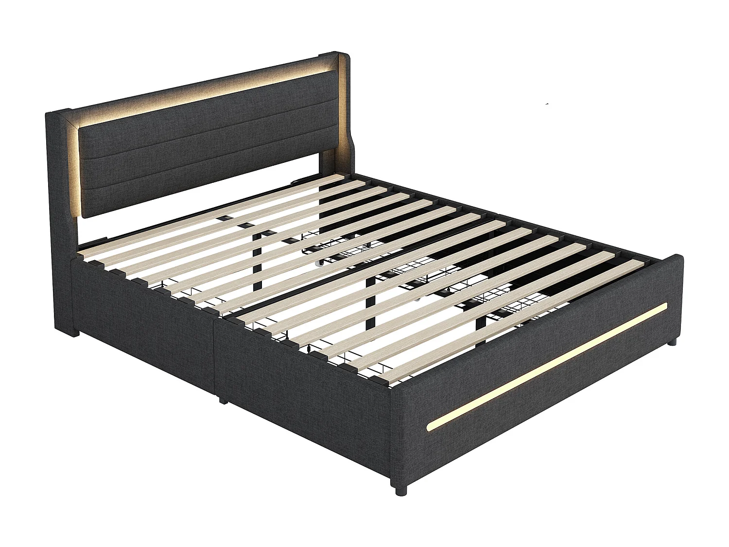 Polsterbett 160 x 200 cm mit Kopfteil und 4 Schubladen – LEDs – Leinenstoff – Grau (ohne Matratze)