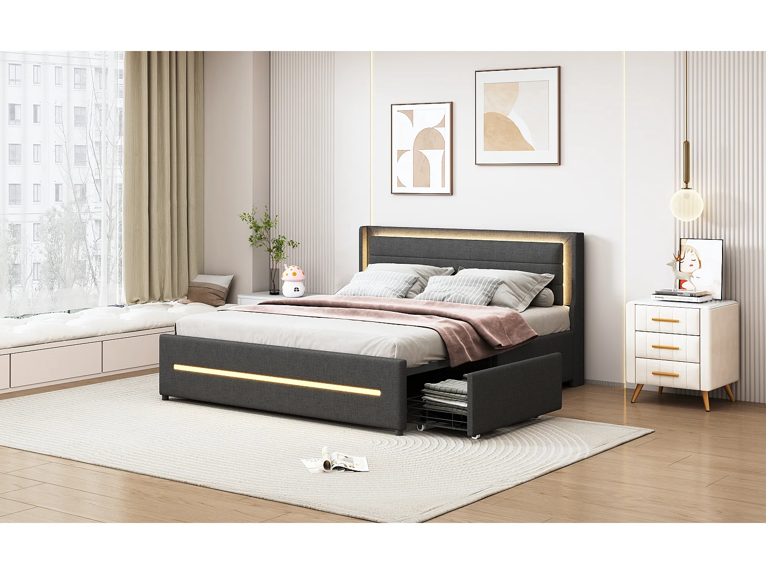 Polsterbett 160 x 200 cm mit Kopfteil und 4 Schubladen – LEDs – Leinenstoff – Grau (ohne Matratze)