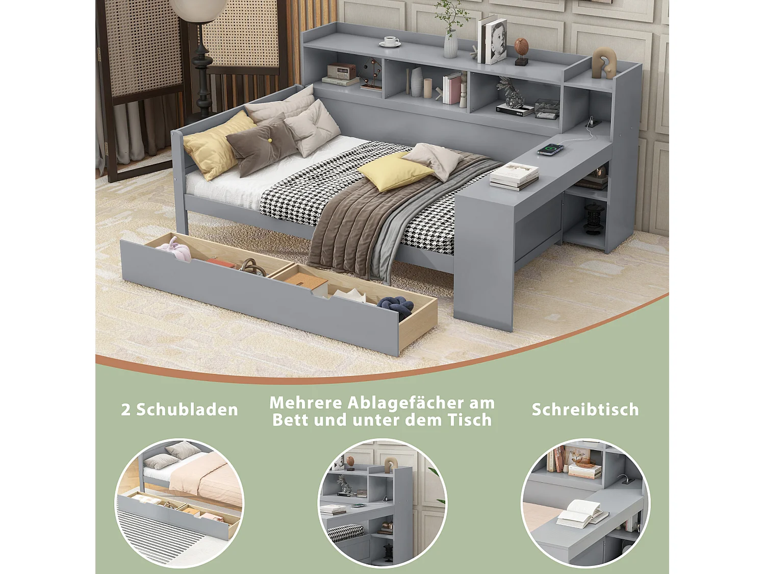 Cama 90 x 200 cm com cabeceira - Secretária, tomadas USB e 2 gavetas - Base de ripas - Cinzento (sem colchão)