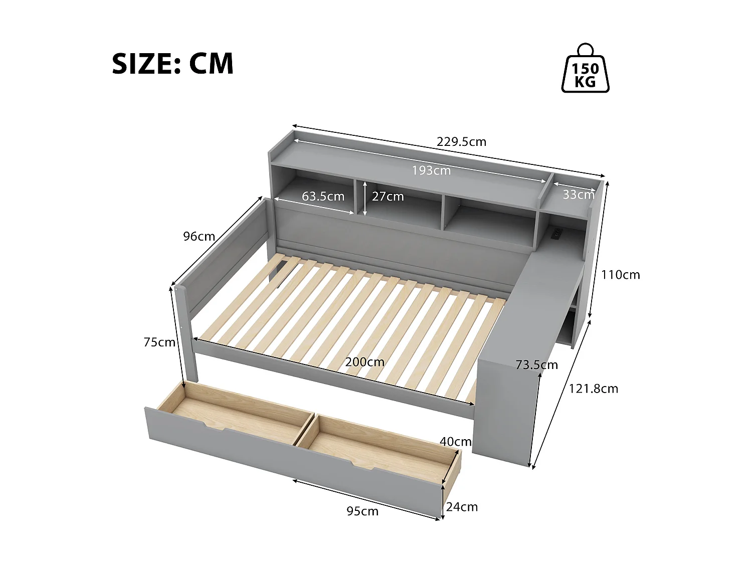 Cama 90 x 200 cm com cabeceira - Secretária, tomadas USB e 2 gavetas - Base de ripas - Cinzento (sem colchão)
