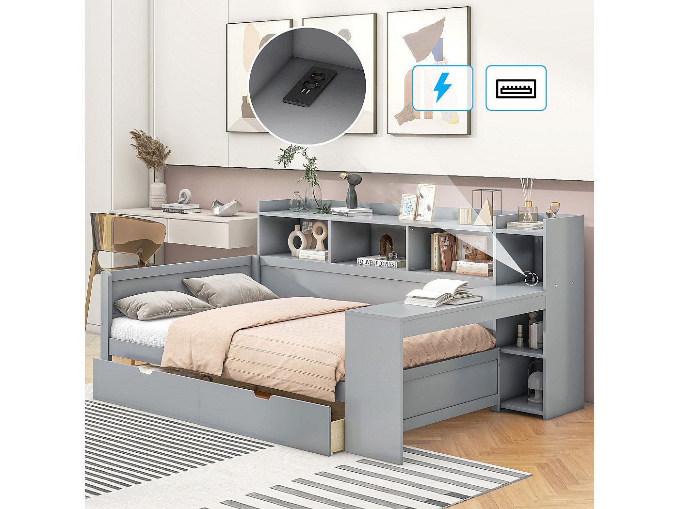 Letto 90 x 200 cm con testiera - Scrivania, prese USB e 2 cassetti ...