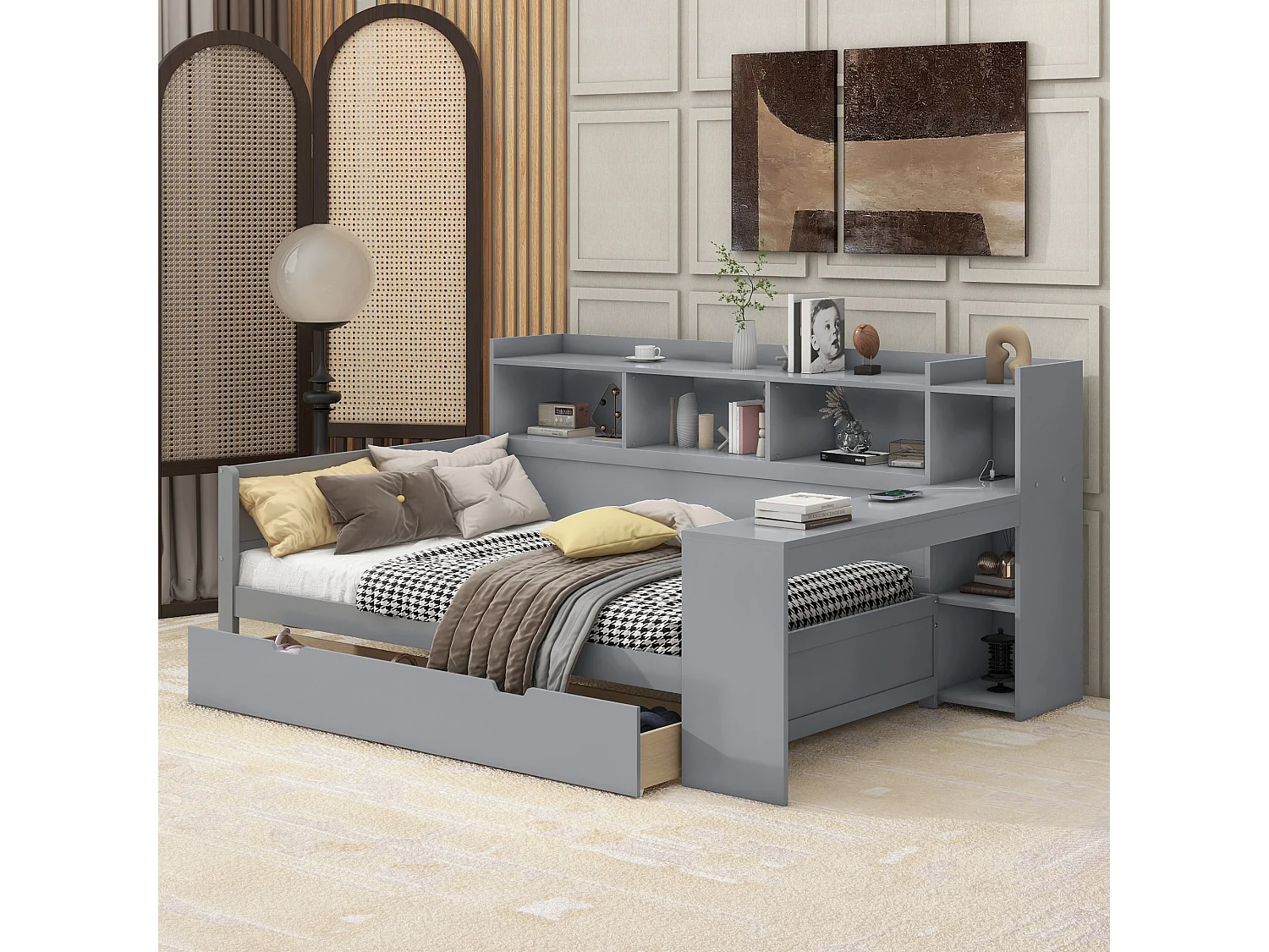 90 x 200 cm bed met hoofdeinde - Bureau, USB-aansluitingen en 2 lades - Lattenbodem - Grijs (zonder matras)