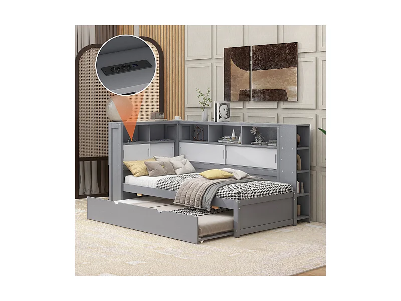 Onderschuifbed 90 x 190/200 cm met hoofdeinde - Opbergkastjes en USB-aansluitingen - Spaanplaat + MDF - Grijs (zonder matras)