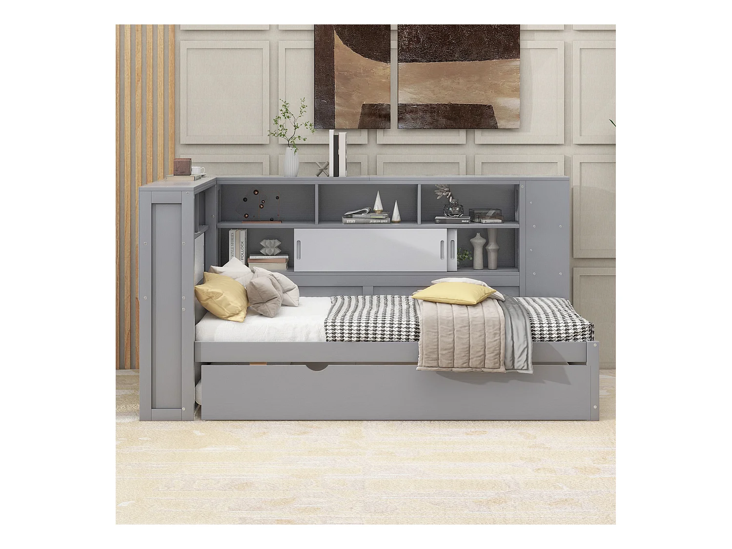 Onderschuifbed 90 x 190/200 cm met hoofdeinde - Opbergkastjes en USB-aansluitingen - Spaanplaat + MDF - Grijs (zonder matras)