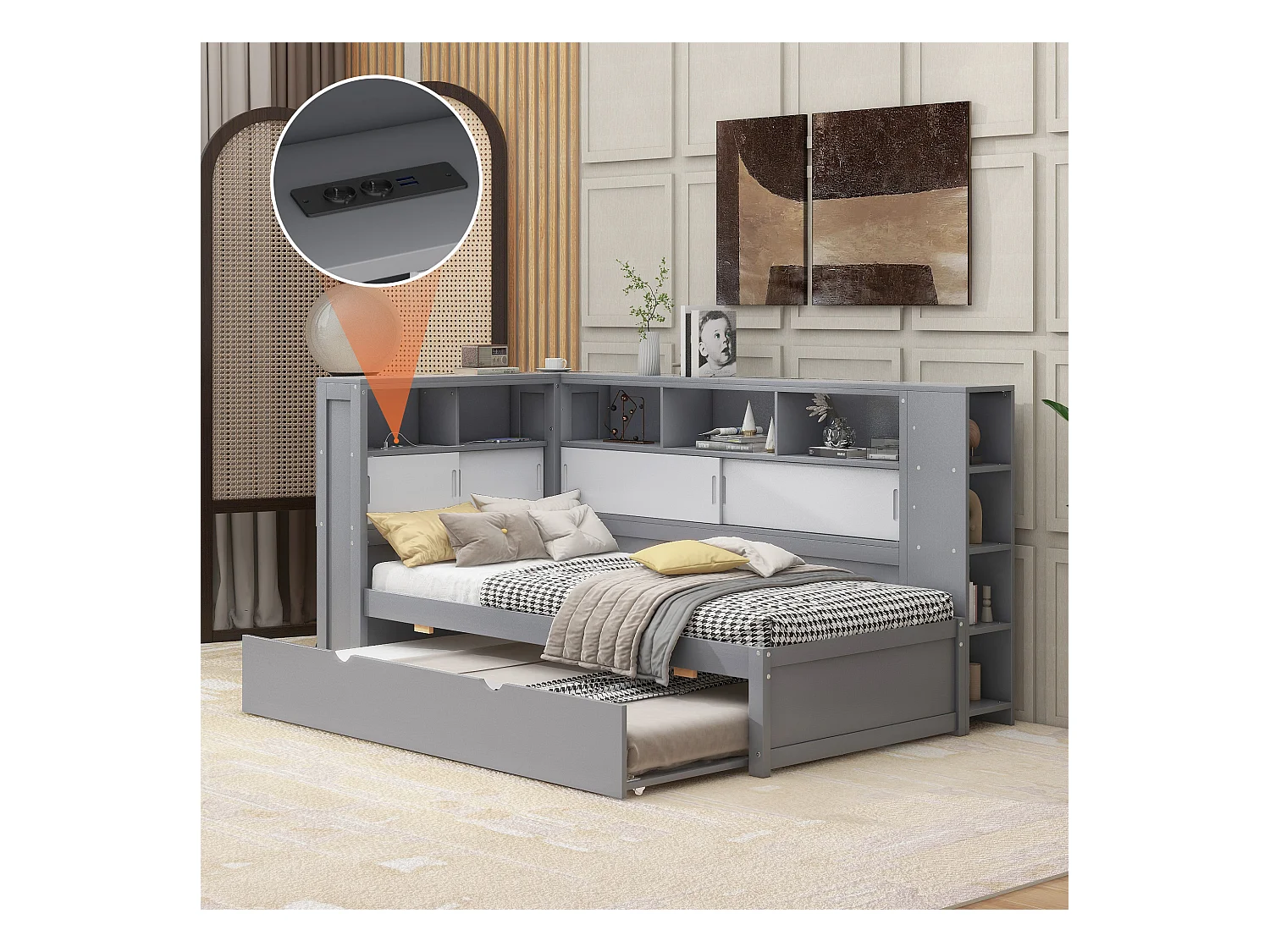 Lit gigogne 90 x 190/200 cm avec tête de lit - Placards de rangement et Prises USB - Panneaux de particules+MDF - Gris (sans matelas)