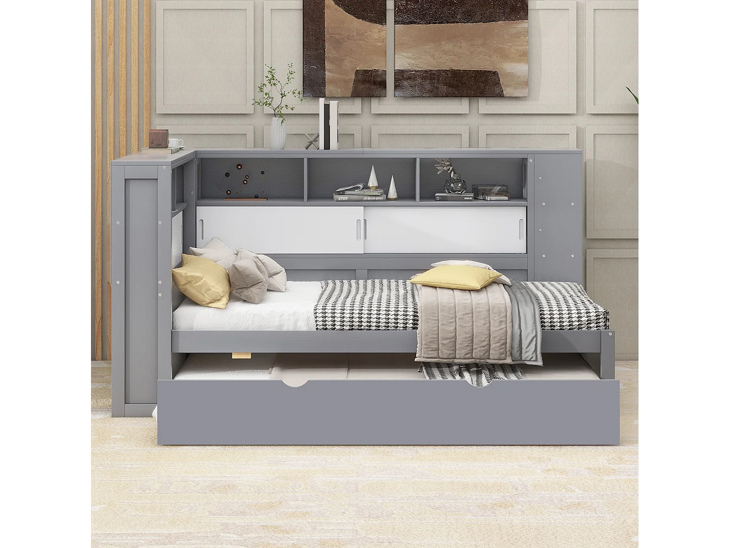 Lit gigogne 90 x 190/200 cm avec tête de lit - Placards de rangement et Prises USB - Panneaux de particules+MDF - Gris (sans matelas)