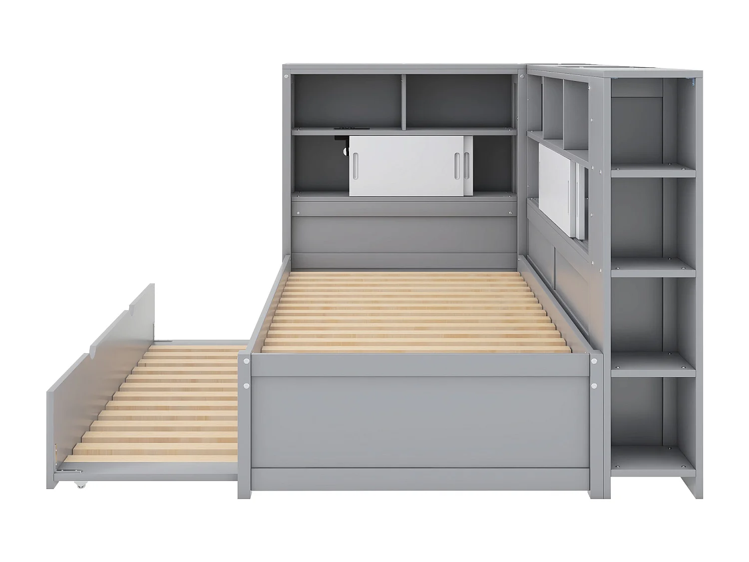 Lit gigogne 90 x 190/200 cm avec tête de lit - Placards de rangement et Prises USB - Panneaux de particules+MDF - Gris (sans matelas)