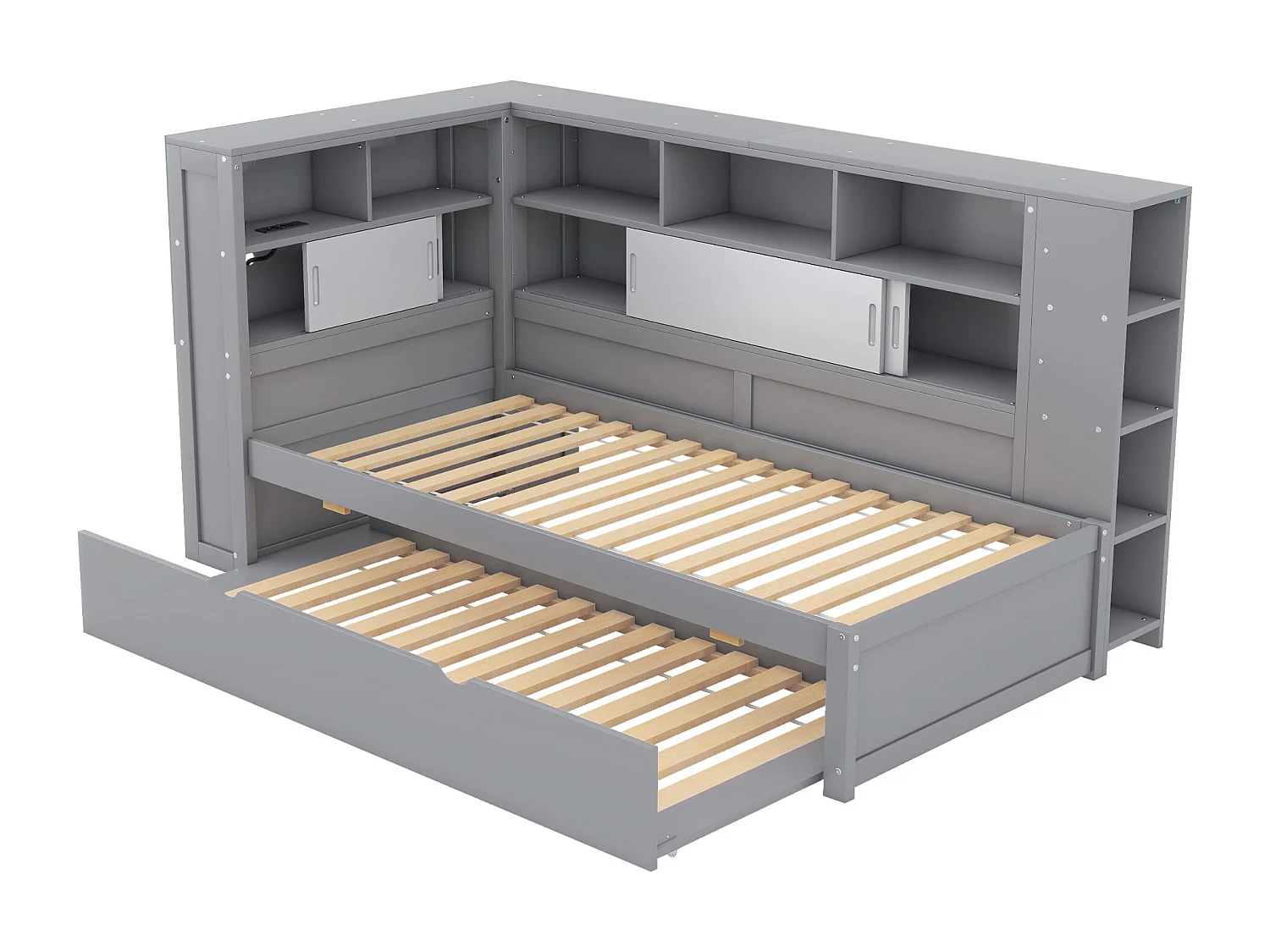 Lit gigogne 90 x 190/200 cm avec tête de lit - Placards de rangement et Prises USB - Panneaux de particules+MDF - Gris (sans matelas)