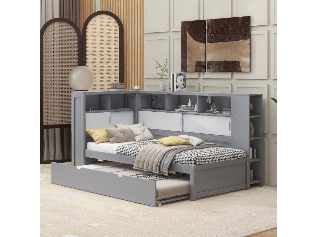 Cama nido 90 x 190/200 cm con cabecero - Armarios y tomas USB - Tablero de partículas + MDF - Gris (sin colchón)