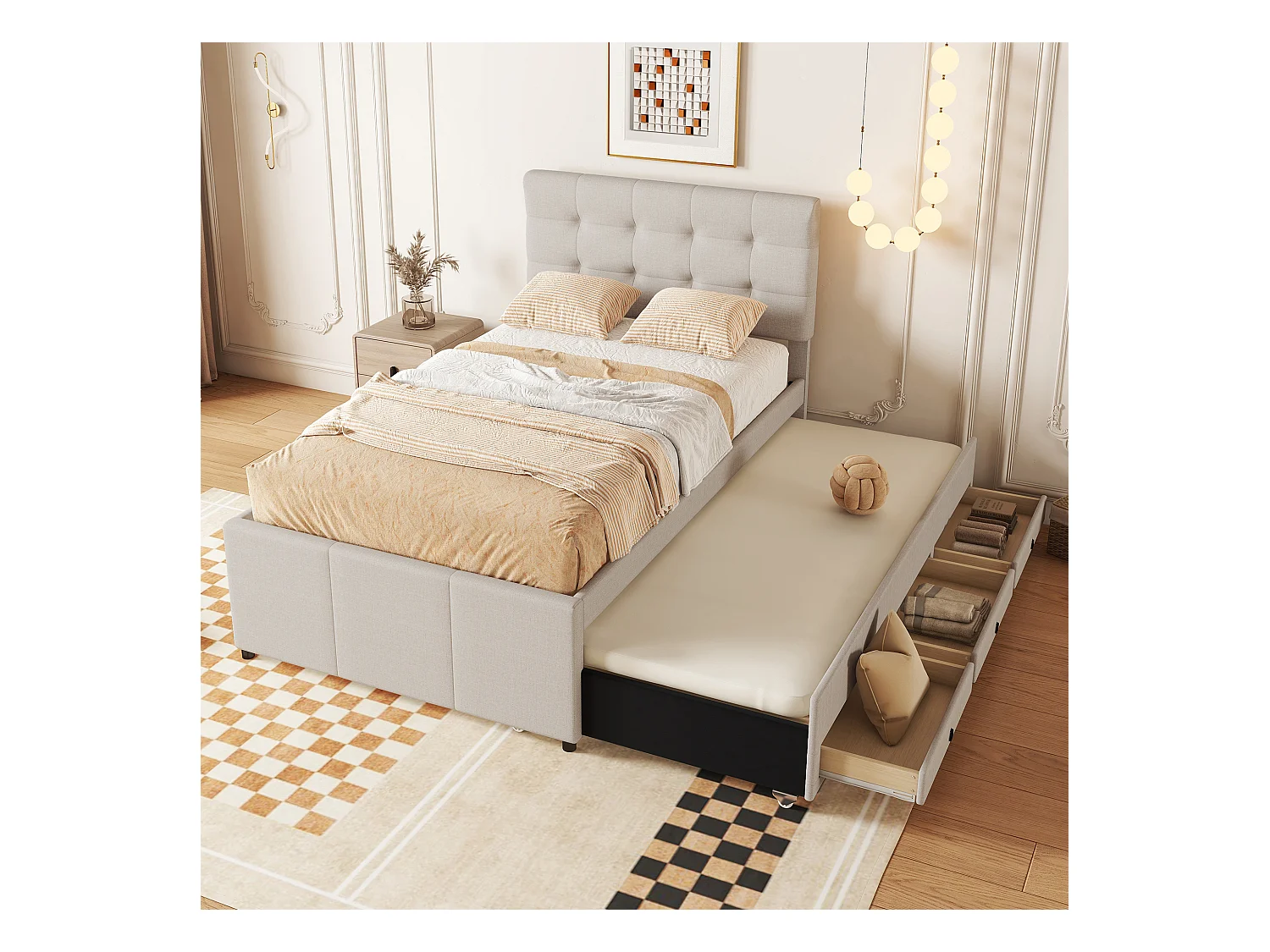 Lit gigogne 90 x 190/200 cm avec tête de lit réglable - 3 tiroirs - Tissu en lin - Sommier à lattes - beige (sans matelas)
