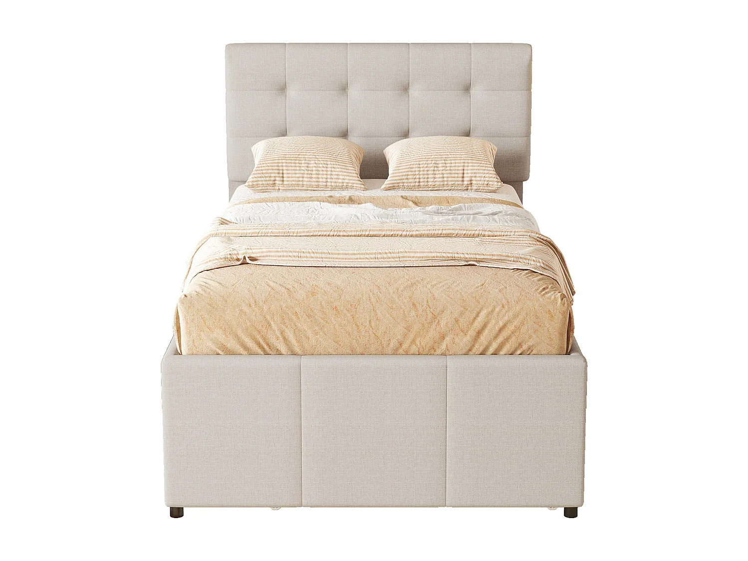 Rollbett 90 x 190/200 cm mit verstellbarem Kopfteil – 3 Schubladen – Leinenstoff – Lattenrost – Beige (ohne Matratze)