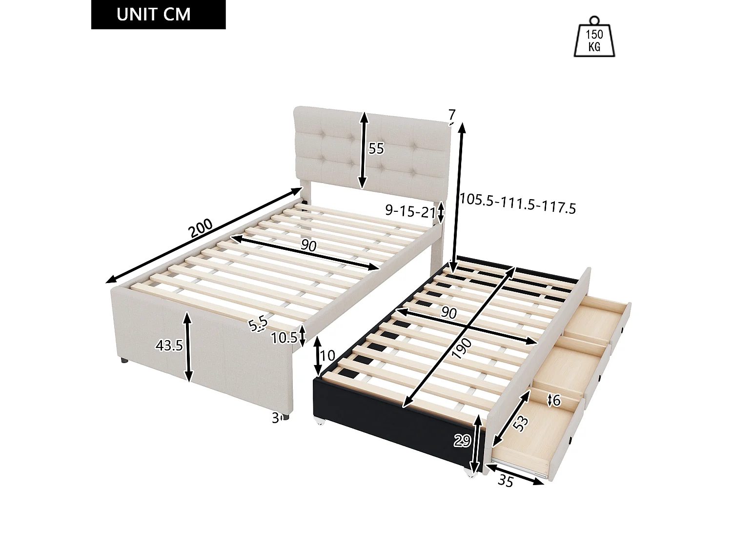 Rollbett 90 x 190/200 cm mit verstellbarem Kopfteil – 3 Schubladen – Leinenstoff – Lattenrost – Beige (ohne Matratze)