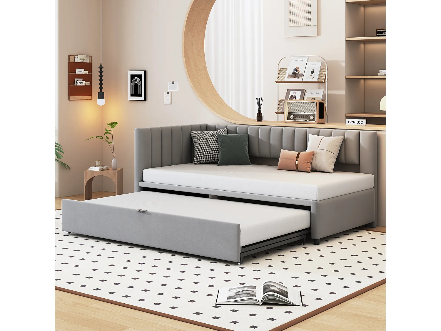 Lit gigogne 90/180 x 200 cm en forme de L, Canapé-lit - Velours - Sommier à lattes - gris clair (sans matelas)