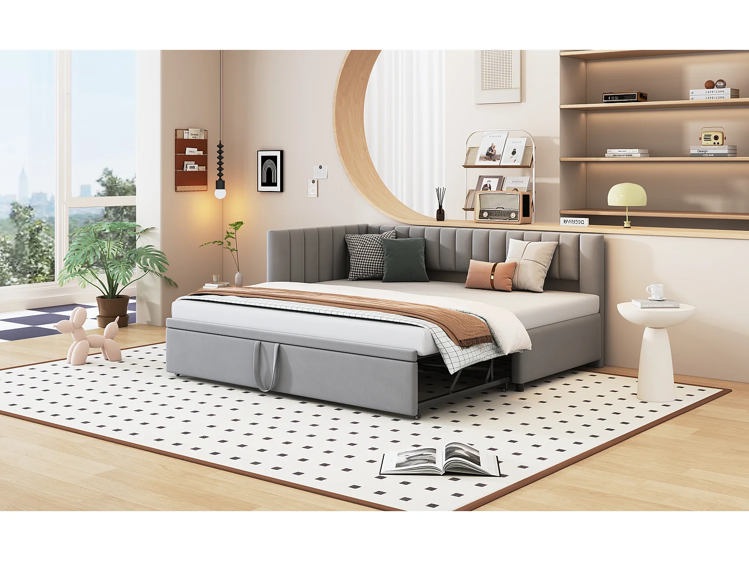 Lit gigogne 90/180 x 200 cm en forme de L, Canapé-lit - Velours - Sommier à lattes - gris clair (sans matelas)