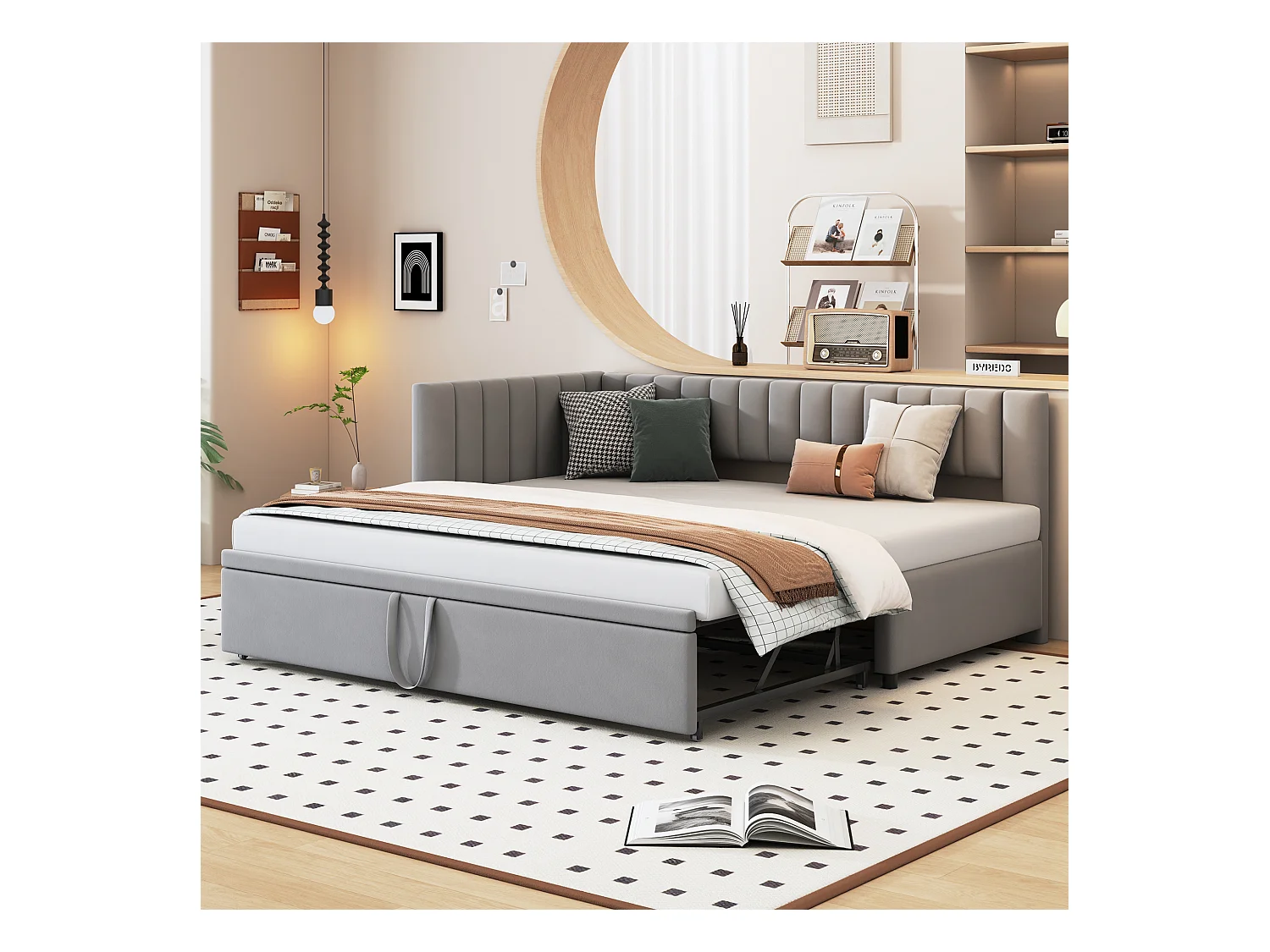 Lit gigogne 90/180 x 200 cm en forme de L, Canapé-lit - Velours - Sommier à lattes - gris clair (sans matelas)