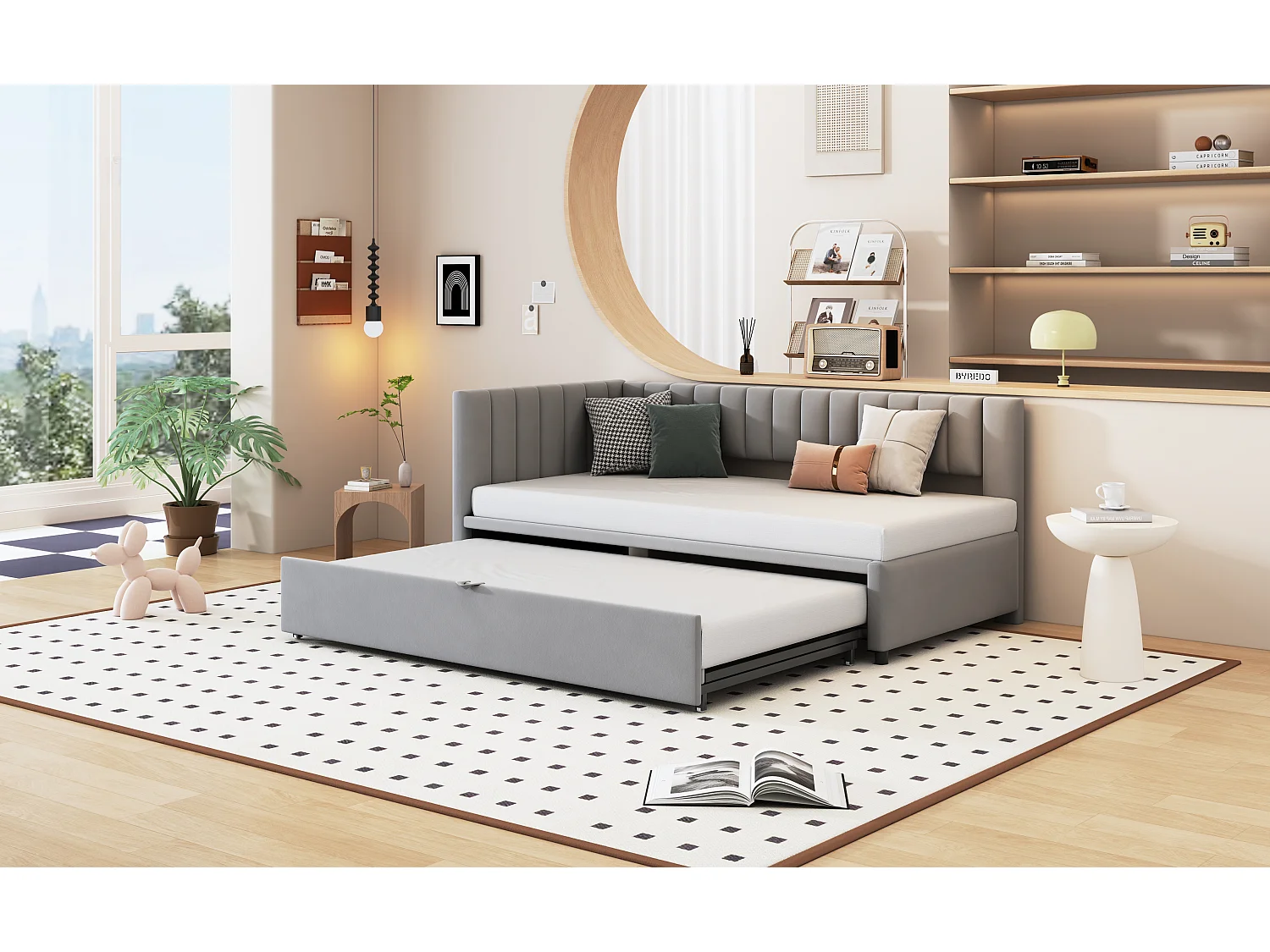 Ausziehbett 90/180 x 200 cm L-förmig, Schlafsofa – Samt – Lattenrost – Hellgrau (ohne Matratze)