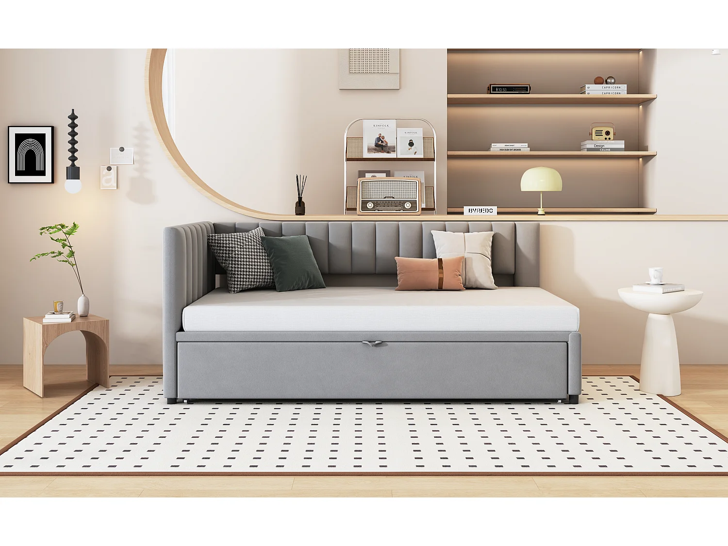 Ausziehbett 90/180 x 200 cm L-förmig, Schlafsofa – Samt – Lattenrost – Hellgrau (ohne Matratze)